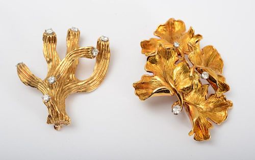 TWO 18K GOLD AND DIAMOND BROOCHES