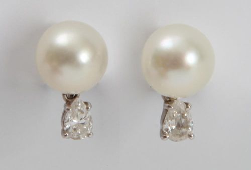 PAIR OF 14K WHITE GOLD, CULTURED PEARL AND DIAMOND EARRINGS