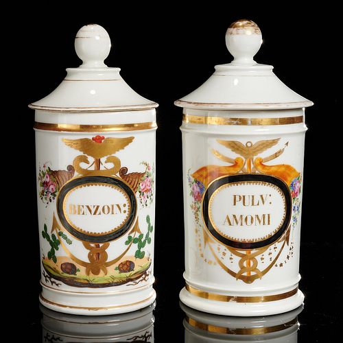 Near pair Paris porcelain apothecary jars