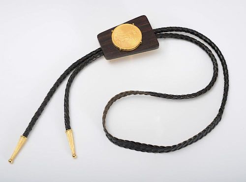 14K GOLD AND WOOD BOLO TIE