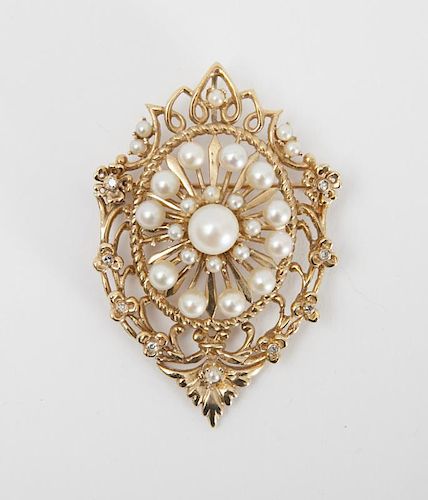 14K GOLD, CULTURED PEARL AND DIAMOND PENDANT/PIN