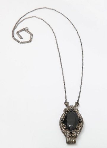 STERLING SILVER, MARQUSITE AND SIMULATED BLACK ONYX PENDANT NECKLACE