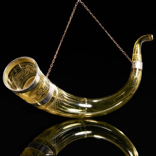 Large etched glass ceremonial drinking horn