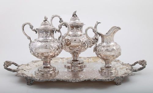 AMERICAN SILVER THREE-PIECE TEA SET, WITH LATER MONOGRAM, AND A SILVER-PLATED TRAY