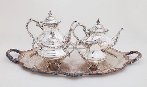 REED AND BARTON SILVER FOUR-PIECE TEA AND COFFEE SERVICE AND A SILVER-PLATED TRAY