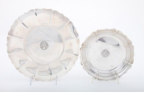 GEORGE JENSEN INC., USA MONOGRAMMED SHALLOW BOWL AND MATCHING CAKE PLATE, IN THE DUBLIN" PATTERN"