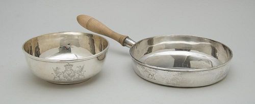 GEORGE III ARMORIAL SILVER BOWL AND A GEORGE III CRESTED SILVER PAN WITH WOOD HANDLE