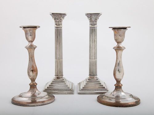 PAIR OF SHEFFIELD-PLATE TABLE CANDLESTICKS AND A LATER PAIR OF ENGLISH COLUMN-FORM STICKS