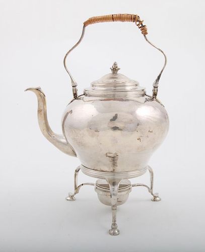 FRENCH HAMMERED AND ARMORIAL SILVER KETTLE AND COVER ON ASSOCIATED SILVER-PLATED STAND
