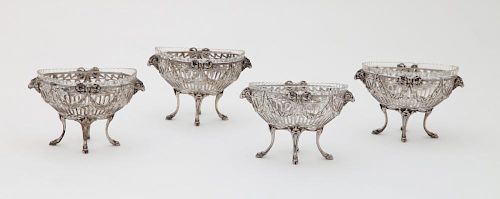 SET OF FOUR FRENCH SILVER BON BON DISH HOLDERS WITH GLASS LINERS