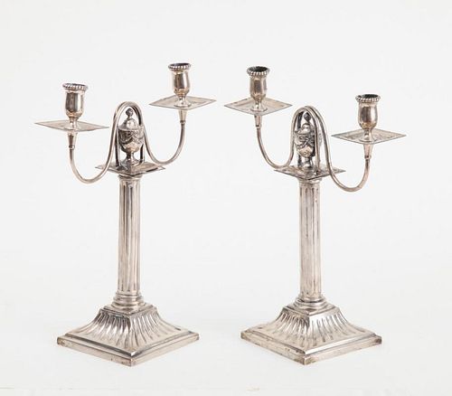 PAIR OF CONTINENTAL SILVER TWO-LIGHT CANDELABRA