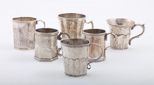GROUP OF FOUR LATIN AMERICAN SILVER FACETED MUGS AND TWO SILVER-PLATED MUGS