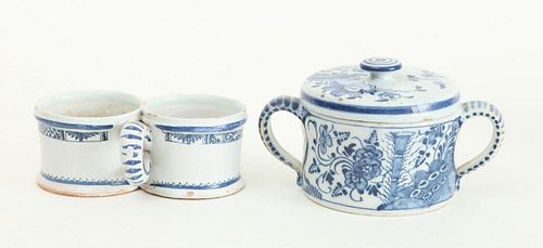 DUTCH DELFT BLUE AND WHITE CUP AND COVER AND A POTTERY DOUBLE CRUET CARRIER