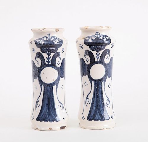PAIR OF CONTINENTAL BLUE AND WHITE TIN-GLAZED EARTHENWARE BEAKER-FORM APOTHECARY JARS