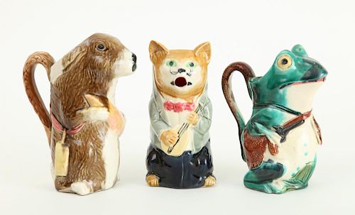 GROUP OF THREE FRENCH MAJOLICA ANIMAL-FORM PITCHERS