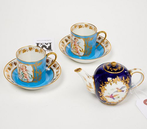 Sevres style porcelain cups and miniature teapot