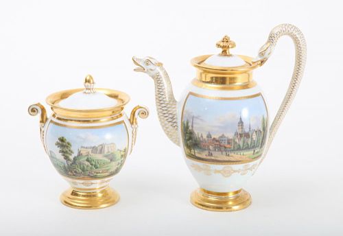 MEISSEN PORCELAIN TOPOGRAPHICAL COFFEE POT AND COVER, AND A SUGAR BOWL AND COVER