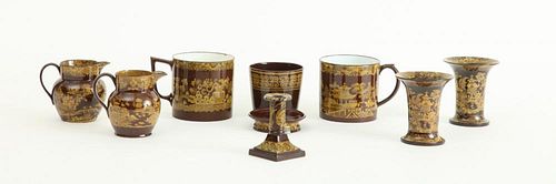 GROUP OF EIGHT BROWN-GLAZED YELLOW TRANSFERWARE TABLE ARTICLES