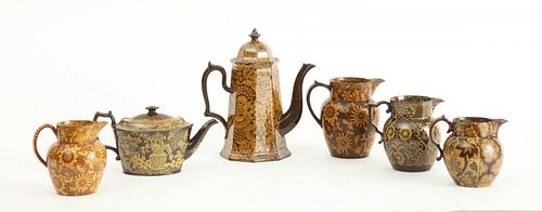 GROUP OF SIX STAFFORDSHIRE BROWN-GLAZED YELLOW TRANSFERWARE POTTERY ARTICLES