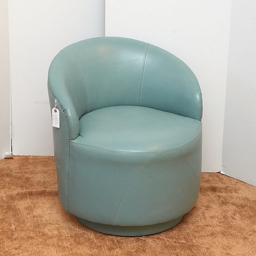 Art Deco style blue leather swivel club chair