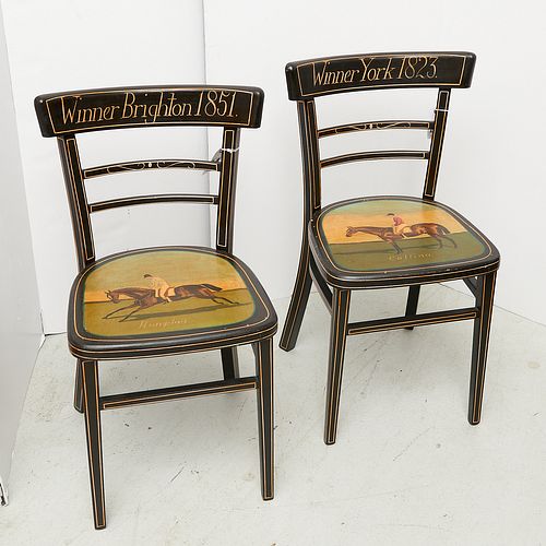 Pair English painted equestrian theme chairs