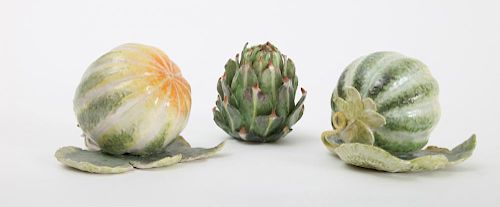 PAIR OF PORCELAIN MELONS AND AN ARTICHOKE, MODELED BY ANN GORDON