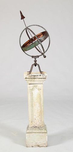 ENGLISH PAINTED WROUGHT-IRON ARMILLARY SPHERE ON CAST-STONE PEDESTAL