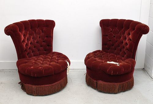 Pair Victorian button tufted velvet slipper chairs