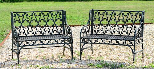 PAIR OF ENGLISH NEO-GOTHIC PAINTED CAST IRON GARDEN BENCHES, 19TH CENTURY