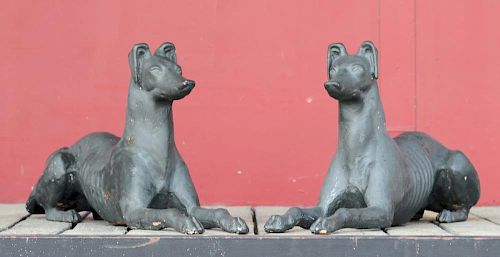 PAIR OF ENGLISH BLACK PAINTED METAL WHIPPETS, 19TH CENTURY