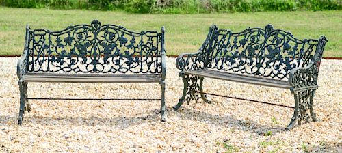 PAIR OF ENGLISH PAINTED CAST IRON GARDEN BENCHES, COALBROOKDALE, 19TH CENTURY