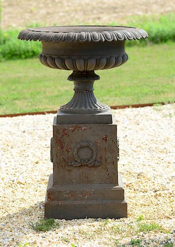 LARGE AMERICAN PAINTED CAST IRON URN ON PEDESTAL