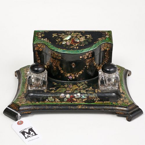 Victorian mother-of-pearl inlaid lacquer inkstand