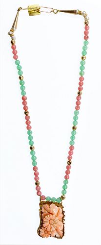 18k Gold, Rose Quartz, Jadeite Jade Necklace and 14k Gold Coral Pendant