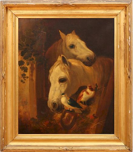 ATTRIBUTED TO JOHN F. HERRING II (1820-1907): TWO WHITE HORSES AND A PAIR OF DOVES