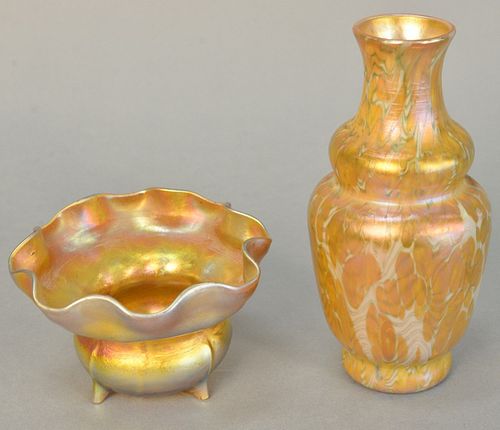 Two vases, including: Quezal art glass vase, marked "Quezal H103", 6"; and a low Tiffany & Co. art glass vase having ruffled rim, 2 1/2".