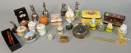 Tray lot of trinket boxes, etc. includes: a French enamelled box with landscape scene; four silverplate bells; "Sloan" alarm clock; pen/letter opener 