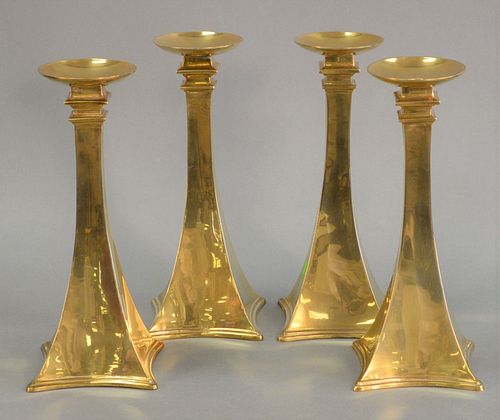 Set of four modern brass candlesticks, tapered neck terminates in square flared base, 11 1/4" h., [Provenance: Estate of William and Teresa Patton, La