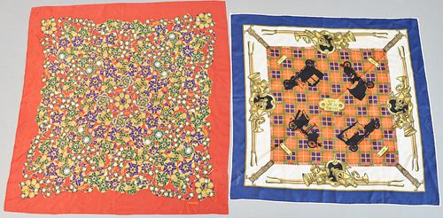 Two silk scarves, Hermès jewels pattern and Antoines plaid design.
