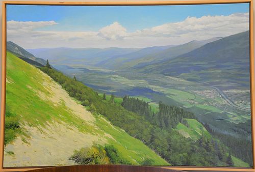 Jay Brooks (American, 20th C.), 1998, spring river valley landscape, oil on canvas, signed and dated lower left "J. Brooks 98", canvas 36" x 54", Prov