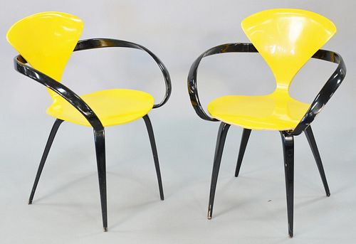 Pair of Mid-Century Norman Cherner for Plycraft pretzel chairs painted yellow and black, 31" h.