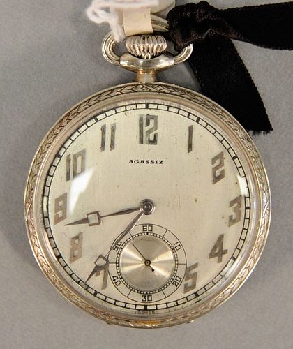 14k white gold Agassiz open face pocket watch, 43mm, total weight 1.6 t.oz.