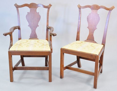 Pair Eldred Wheeler cherry chairs, one arm, one side, ht: 38 1/2".