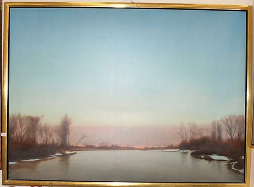 Bruce Brainard (b. 1962), oil on canvas, "An Accepted Offering", 1994, depicts a calm lake at sunrise, framed, signed lower right "Bruce Brainard" tit
