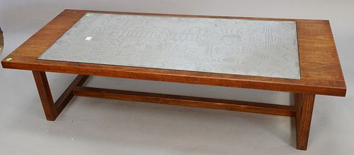 Modern walnut coffee table with cross stretchers, silver sculpted top, etched Mayan indigenous style, signed lower verso, made in Italy, 15" h., top 2