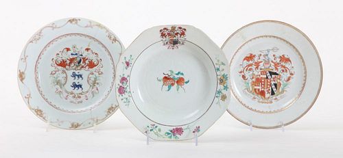 CHINESE EXPORT FAMILLE ROSE ARMORIAL OCTAGONAL SOUP PLATE AND TWO ARMORIAL CIRCULAR PLATES