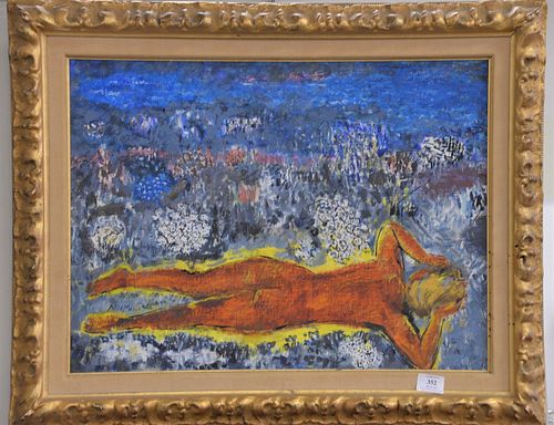 After Marc Chagall, oil on canvas, depicting nude lying in a field, unsigned, in custom frame, 17 1/2" x 23 1/4".
