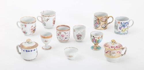 SIX CHINESE EXPORT PORCELAIN CUPS, TWO CUSTARD POTS AND COVERS, TWO EGG CUPS AND A MINIATURE CUP