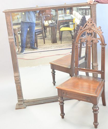 Two piece lot to include American Gothic style lift seat chair, openwork back with scrolled motif, hinged lift-top seat, boldly turned front legs, ht.