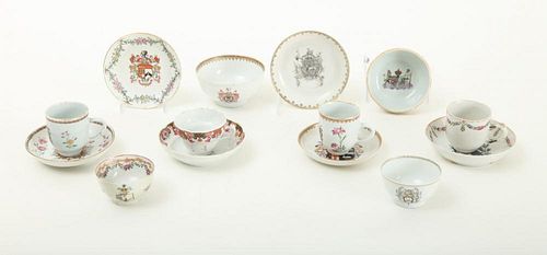 GROUP OF FIVE CHINESE EXPORT ARMORIAL PORCELAIN CUPS AND STANDS, THREE SINGLE CUPS AND A SINGLE SAUCER